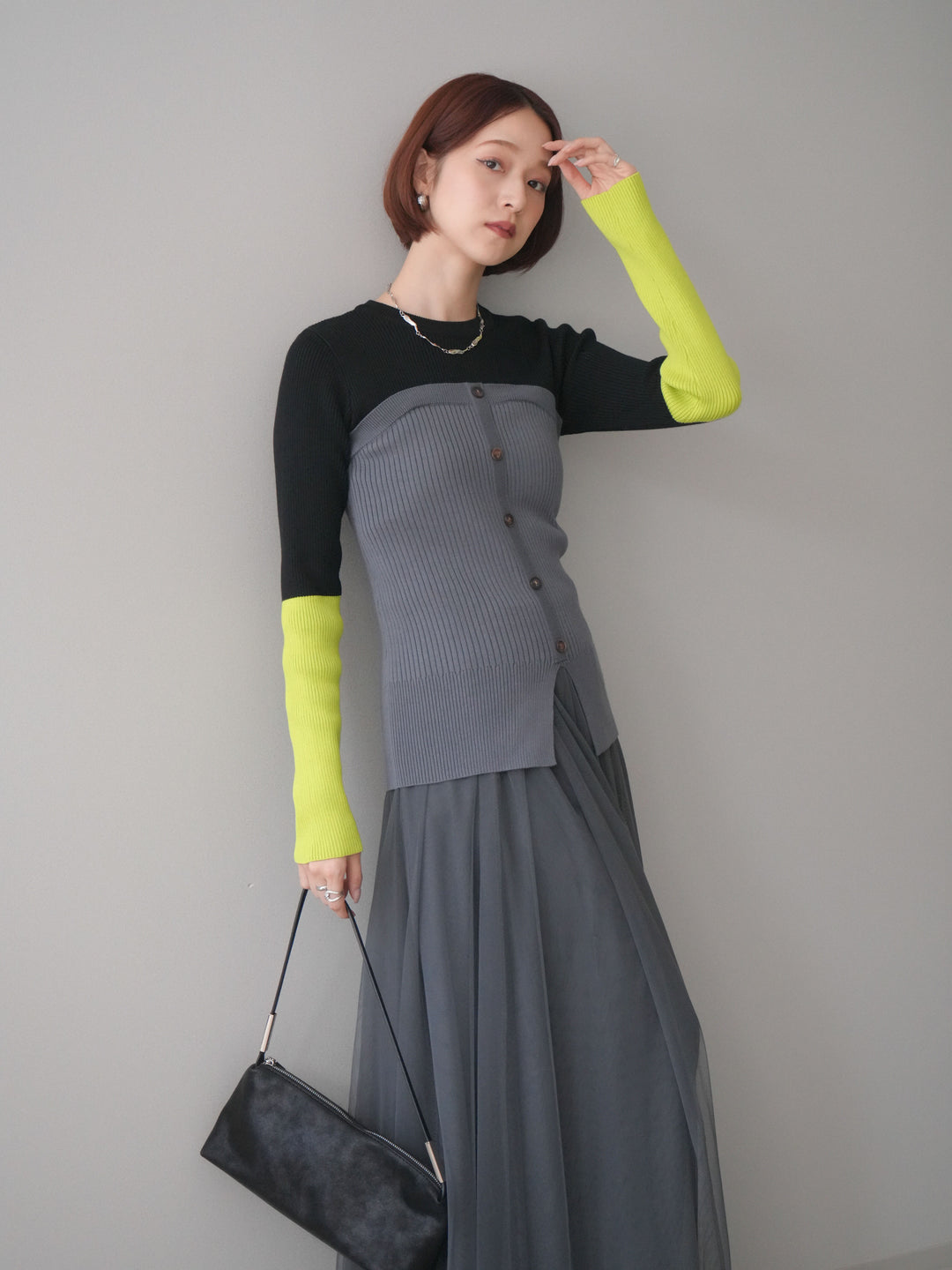 [SET]配色ビスチェドッキングリブニットトップス+選べるアクセセット(2set)