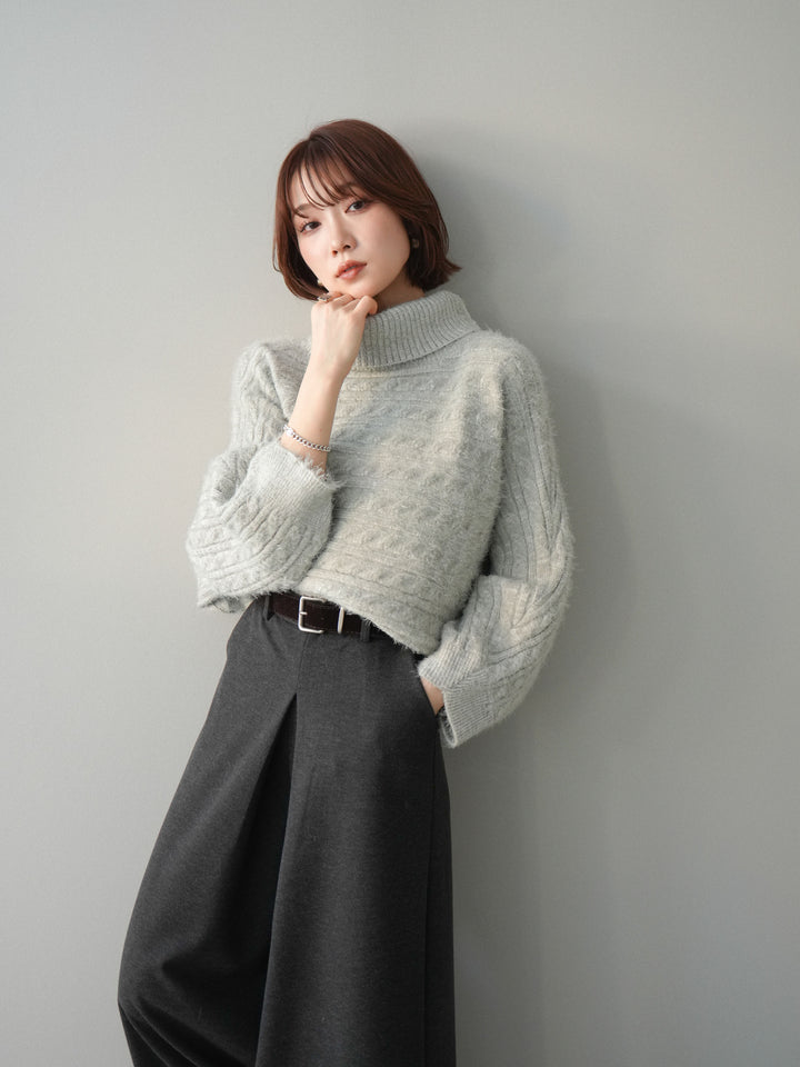 [予約]オフタートルケーブル編みニットプルオーバー/gray