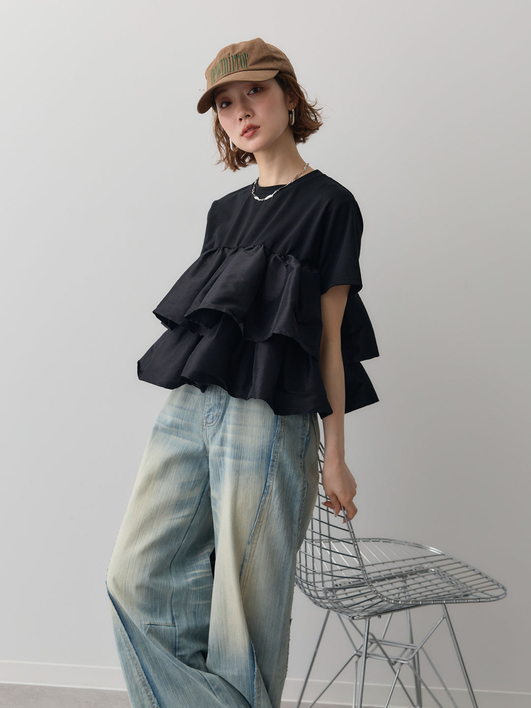 [SET]フリルティアードTEE+縦ウォッシュワイドデニムパンツ(2set)