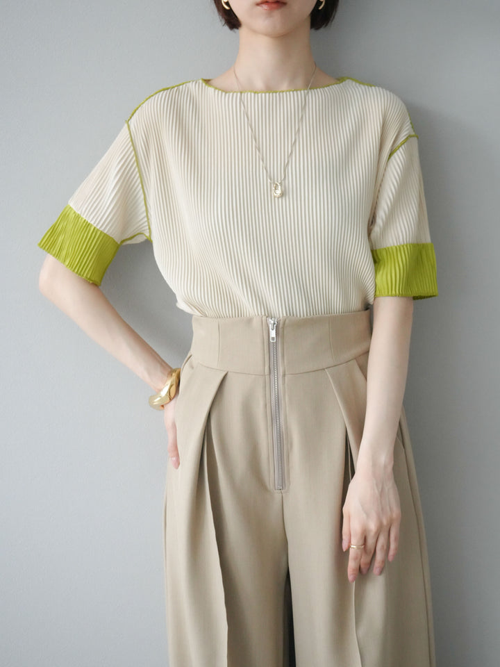 [予約]配色プリーツハーフスリーブトップス/アイボリー