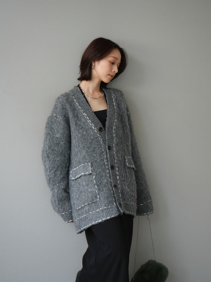 [予約]ステッチVネックニットカーディガン/グレー