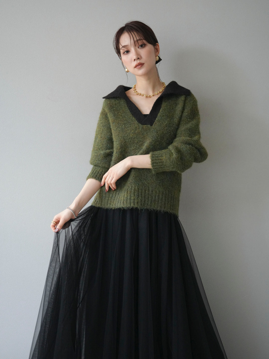 [予約]バイカラー襟付きニットプルオーバー/green
