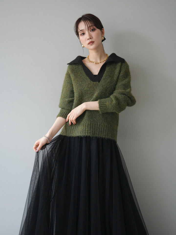 [予約]バイカラー襟付きニットプルオーバー/green