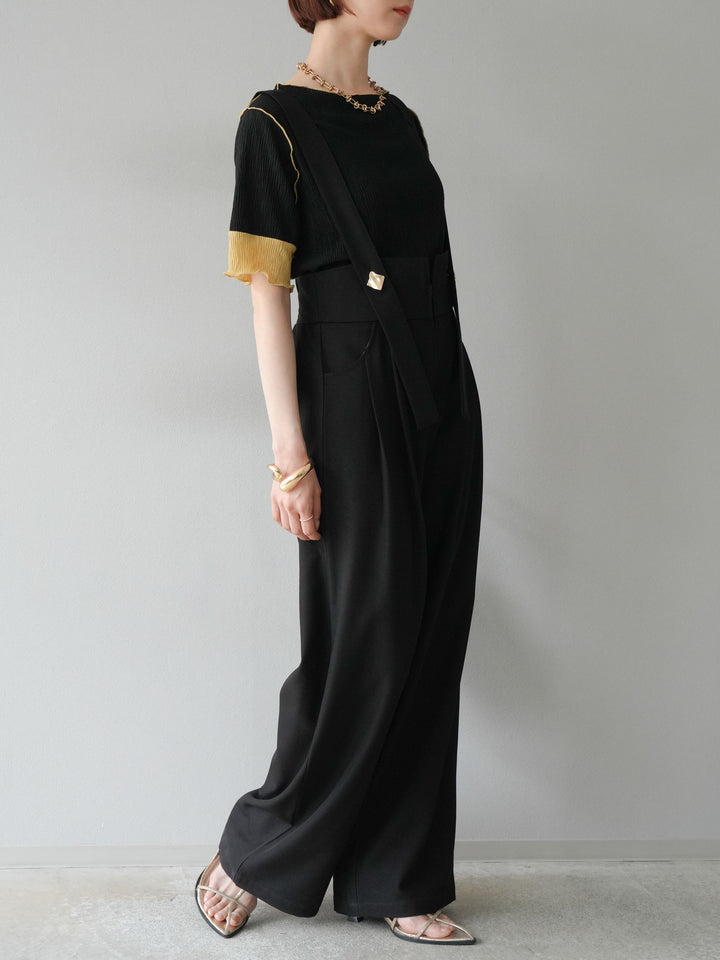 [SET]プリーツ配色ボートネックプルオーバー+ゴールドボタンサスペンダーワイドパンツ(2set)