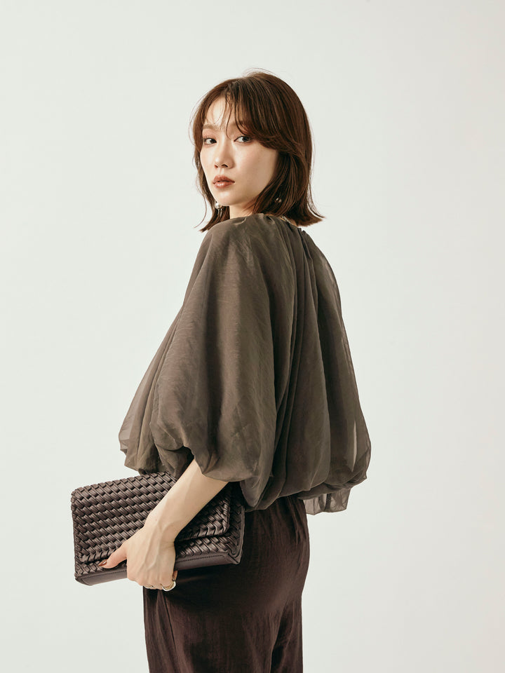 【Allure】[SET]オーガンジーバルーンショートブラウス+シャイニースラブシアーワイドパンツ(2set)