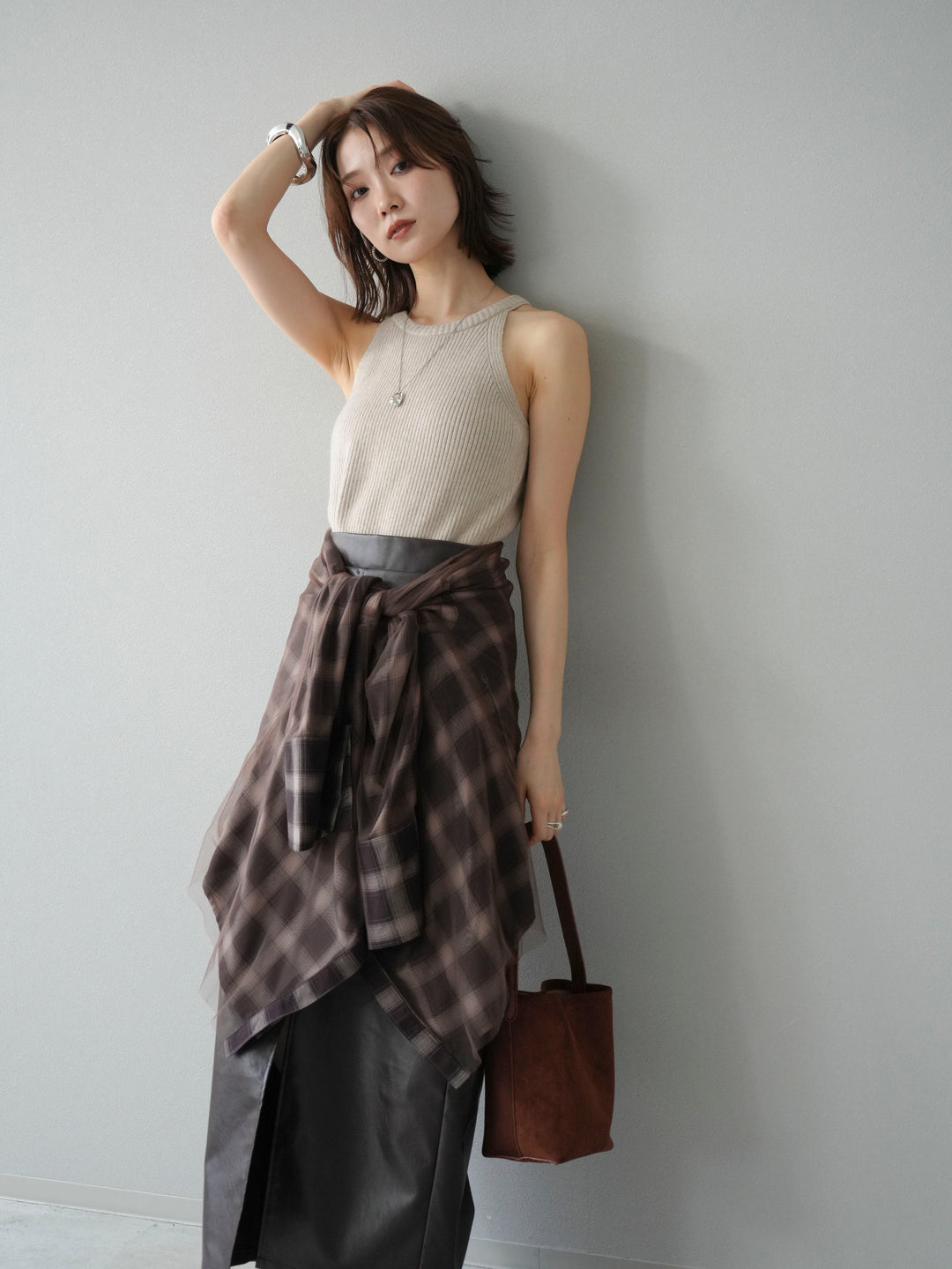 [予約]リブニットアメスリタンクトップ/ベージュ