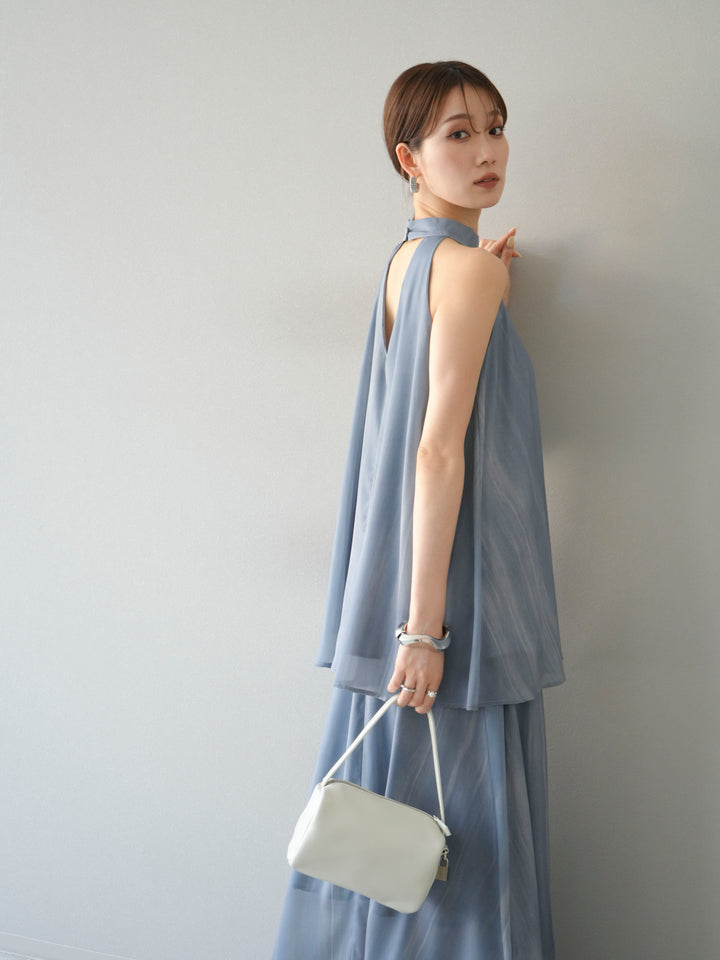 [SET] 細膩花紋V領襯衫＆喇叭裙（2套）