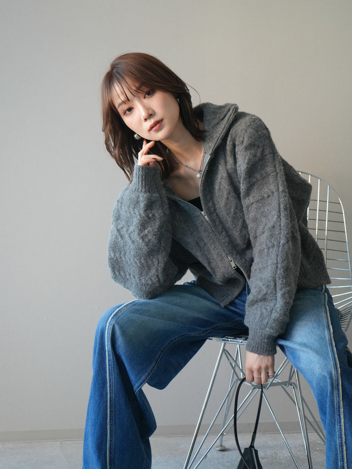 [予約]ケーブル編みハイネックZIPニットカーディガン/gray