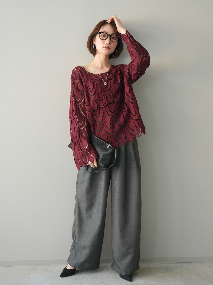 [予約]リネンライクタックワイドパンツ/charcoal