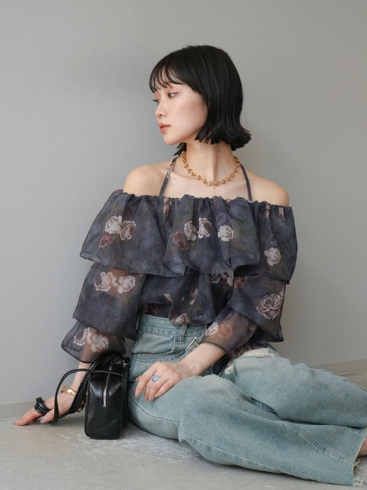 【預購】花朵露肩襯衫/藏青色