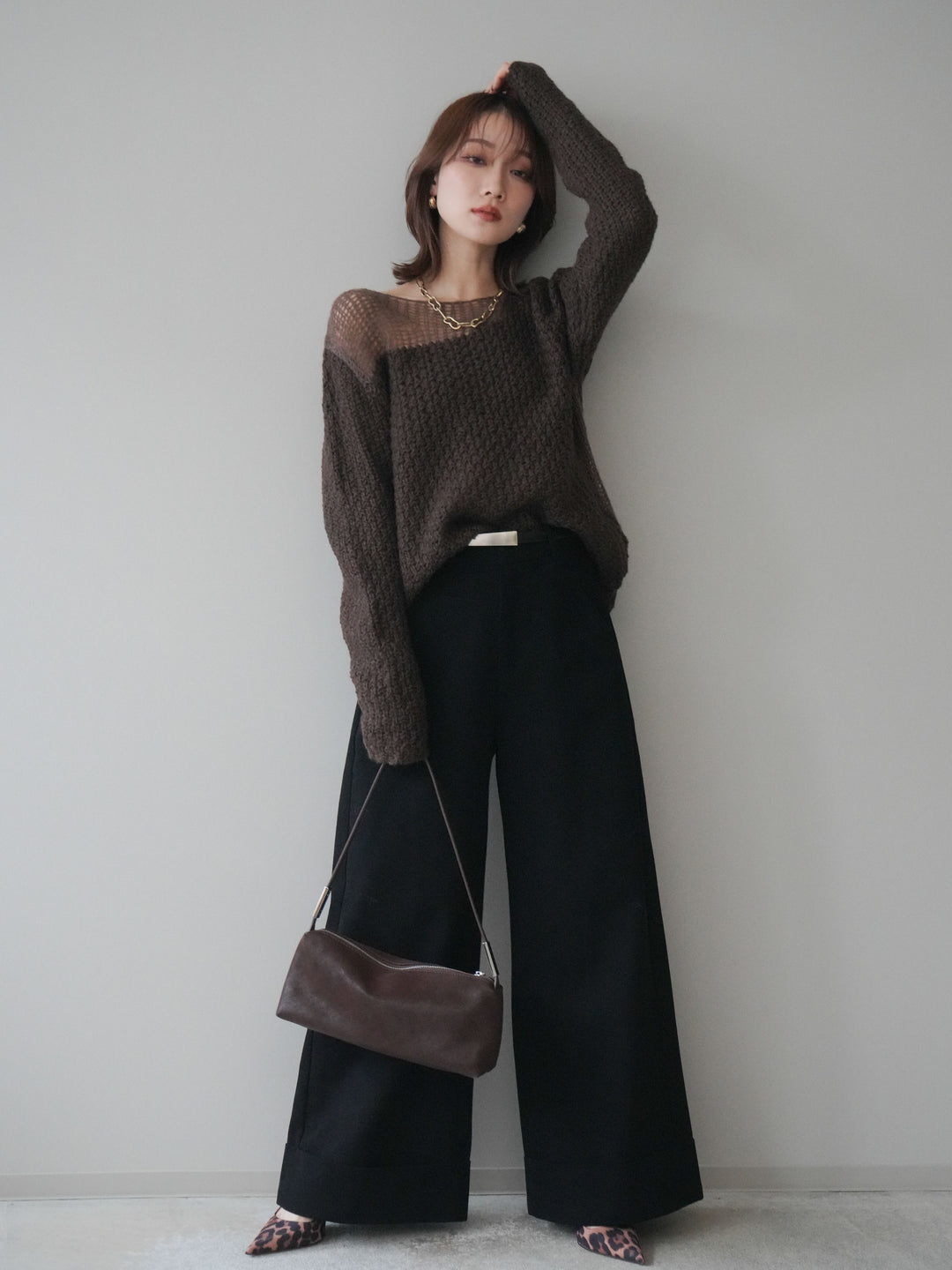 [予約]ベルト付き折り返しコットンツイルワイドパンツ/black