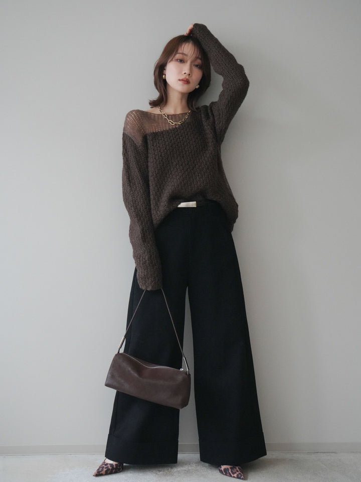 [予約]ベルト付き折り返しコットンツイルワイドパンツ/black