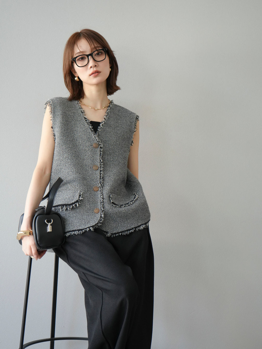 [予約]ツイードライクフリンジニットベスト/ブラック