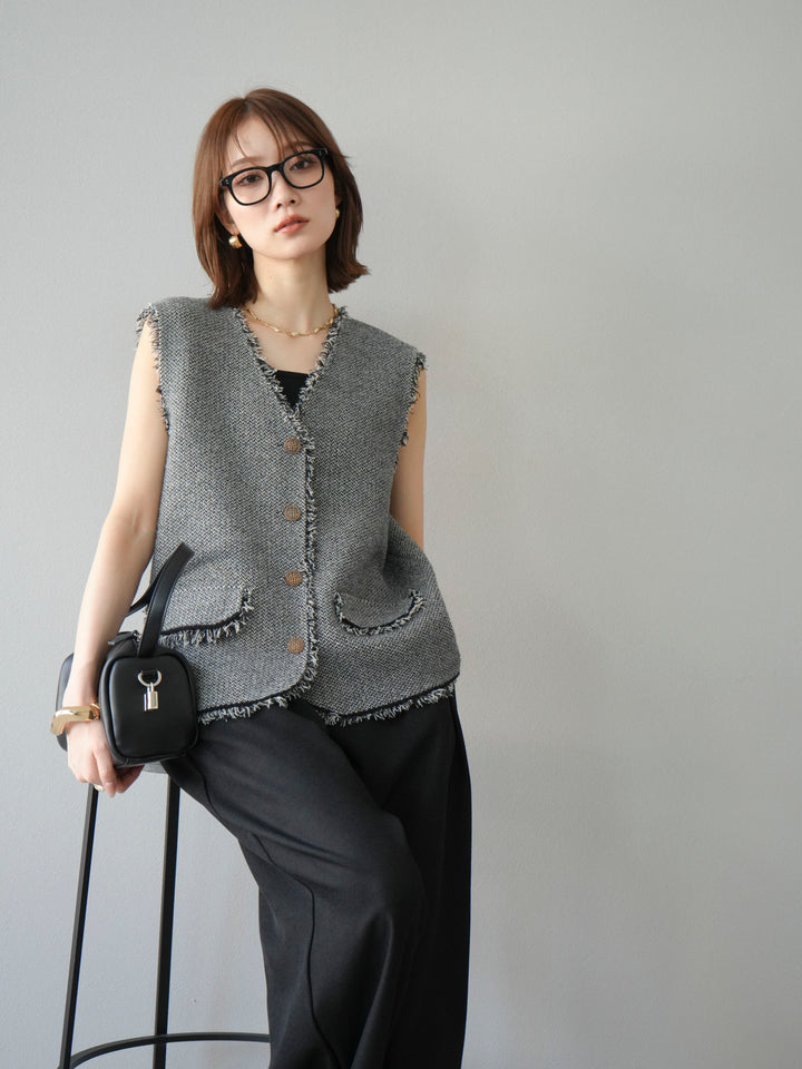 [予約]ツイードライクフリンジニットベスト/ブラック