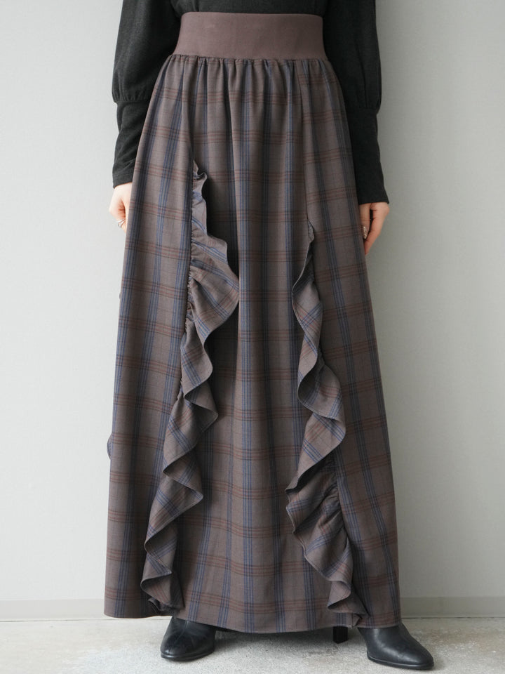 [予約]チェック柄フリルハイウエストマキシスカート/gray