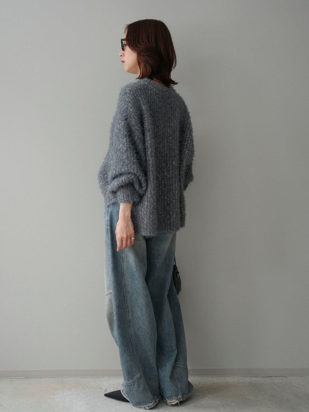 [SET]ボリュームスリーブシャギー MIXニットプルオーバー+ベルト付カーブデニムパンツ(2set)