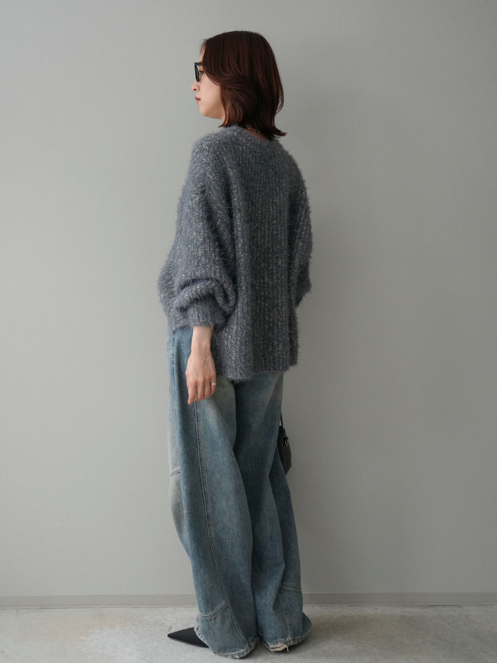[SET]ボリュームスリーブシャギー MIXニットプルオーバー+ベルト付カーブデニムパンツ(2set)