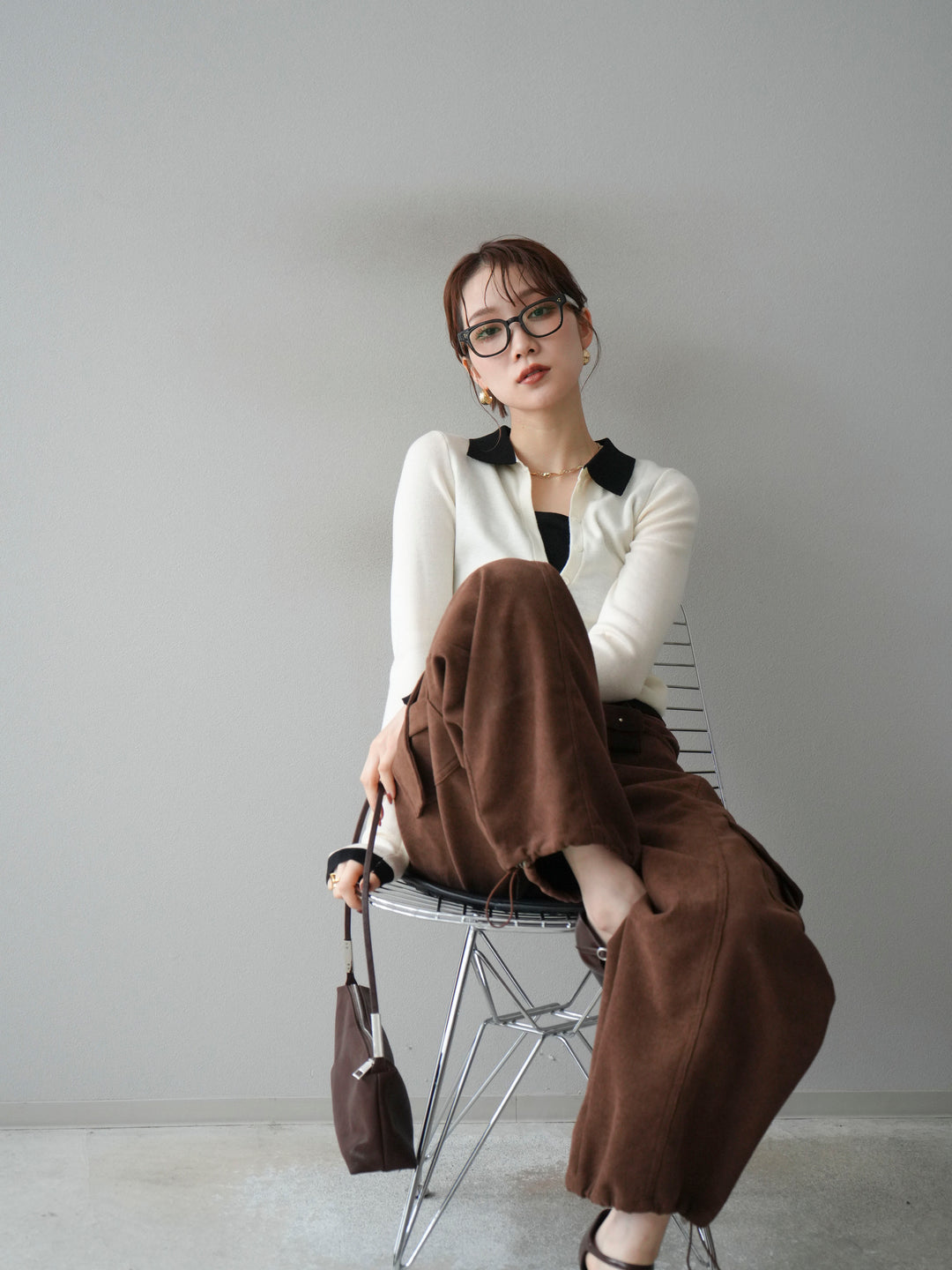 [予約]レイヤード配色ポロニットトップス/beige