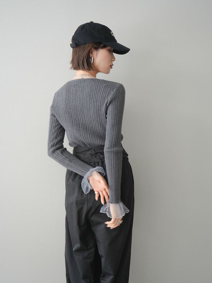 [予約]チュールレイヤードリブニットトップス/gray