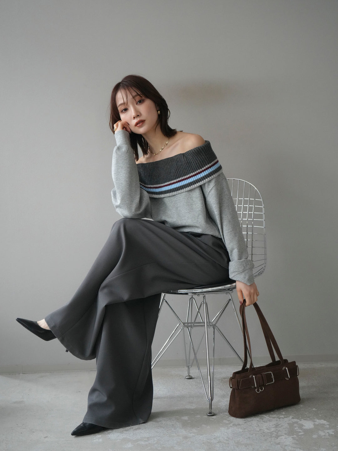 [予約]ボーダーニットオフショルダーxスウェットプルオーバー/gray