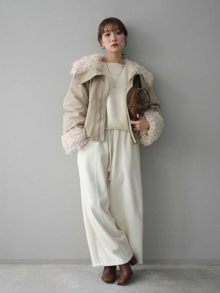 [SET]プードルファーダウンジャケット+アンゴラタッチボートネッククロップドプルオーバー+ウエストベルトカーブラインスエットパンツ(3set)