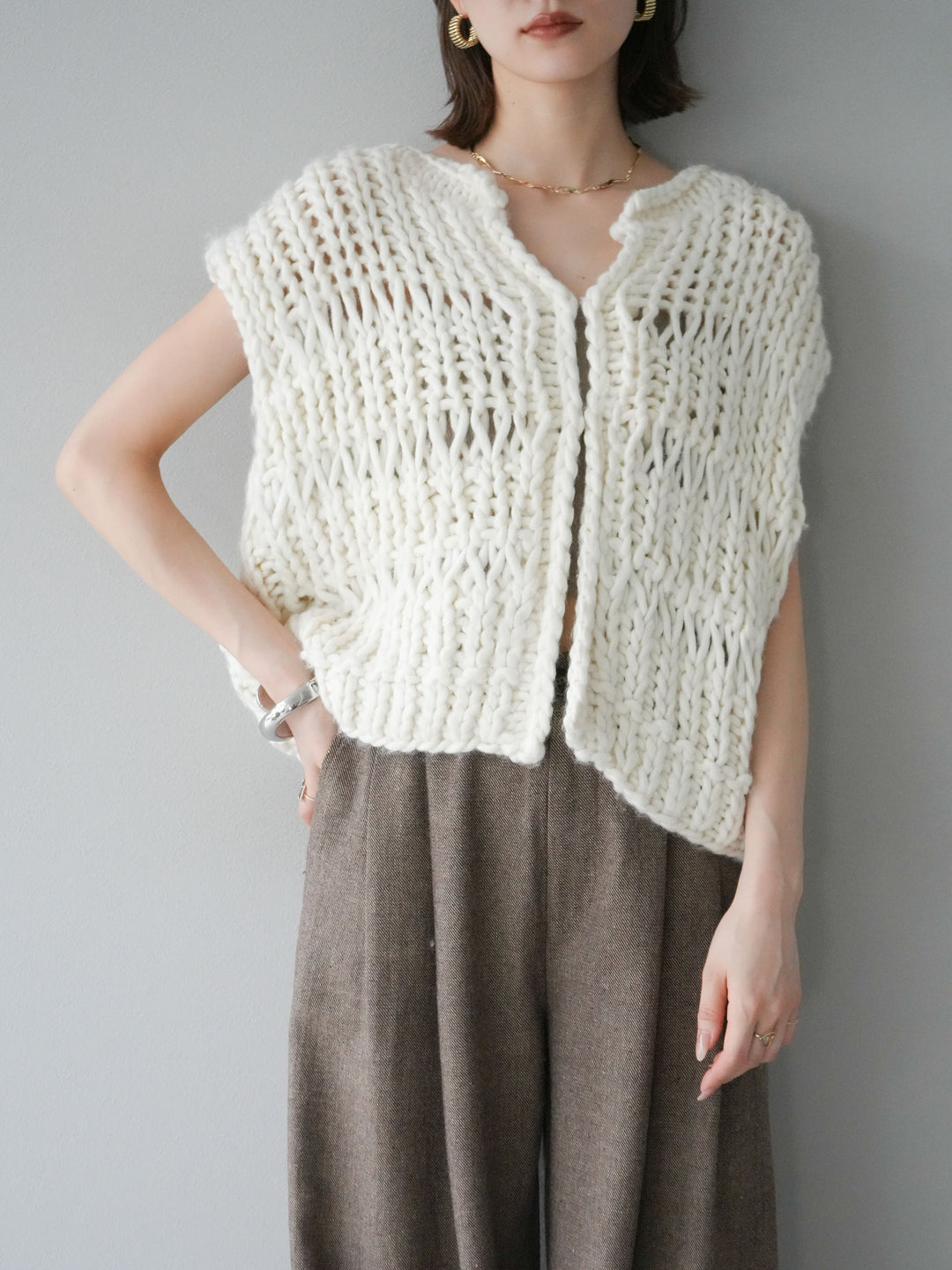 [SET] 手編繩結背心+粗花呢觸感褶皺寬褲（2件組）