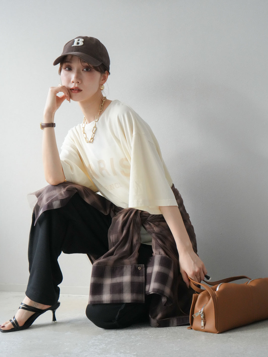 [SET]ピグメントロゴプリントTシャツ+2WAYデザインスウェットパンツ+チュールドッキングチェック柄オーバーサイズシャツ(3set)