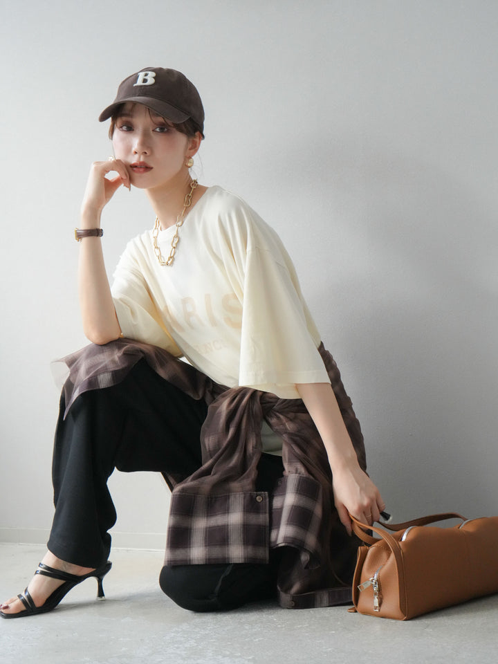 [SET]ピグメントロゴプリントTシャツ+2WAYデザインスウェットパンツ+チュールドッキングチェック柄オーバーサイズシャツ(3set)