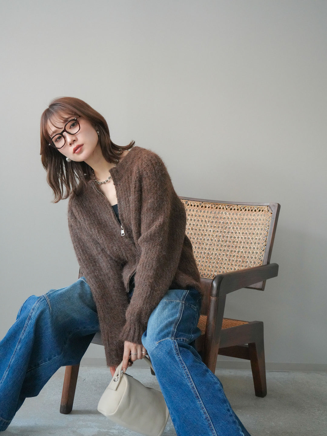 [予約]MIXヤーンモヘアタッチZIPニットカーディガン/brown