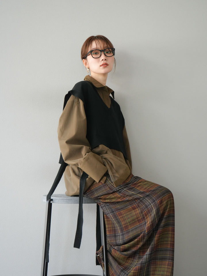 [予約]サイドリボンVネックショートニットベスト/ブラック