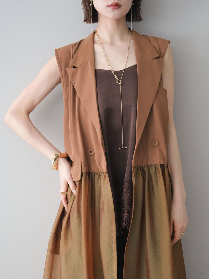 [SET]シアーレイヤードテーラードロングジレ+レーストリムキャミソール+2WAYデザインスウェットパンツ(3set)