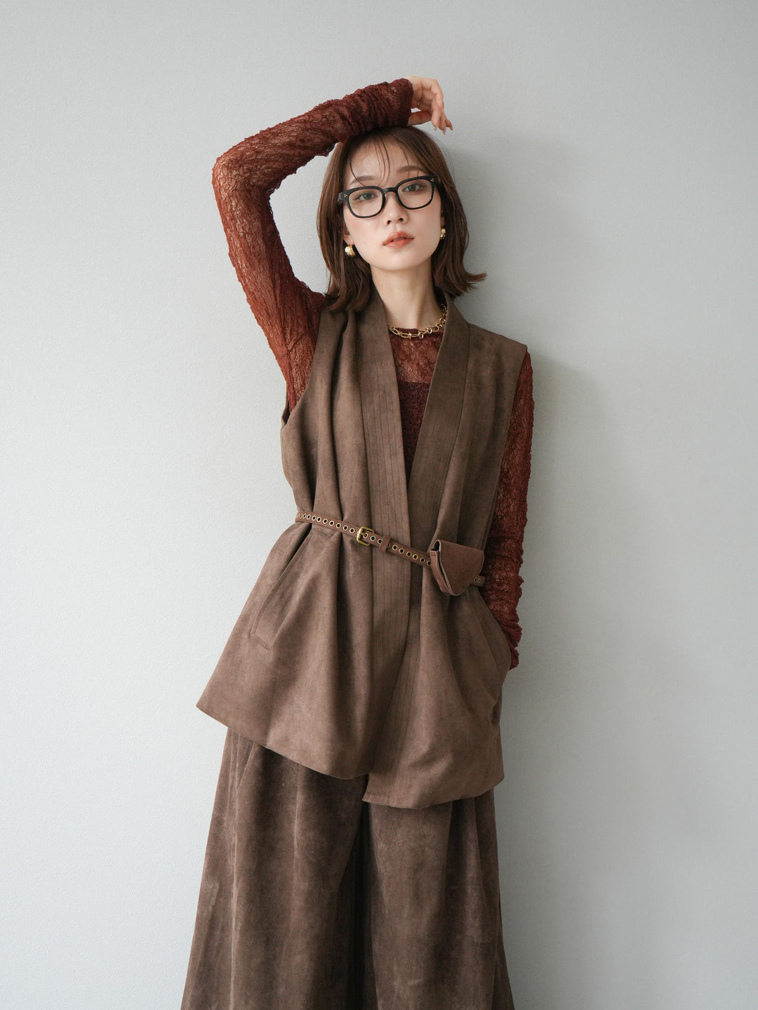 [SET]ポーチベルト付スウェードジレ×パンツSET UP(2set)