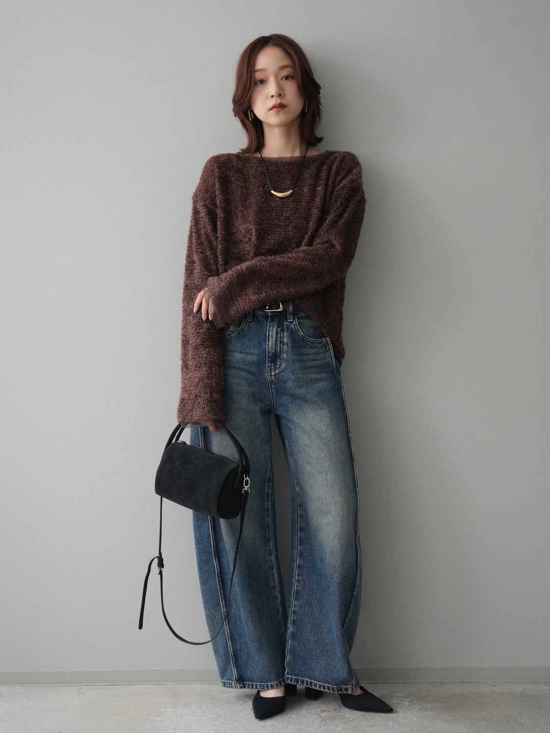 [SET]ラメシャギートップス+サイド切替カーブデニムパンツ(2set)