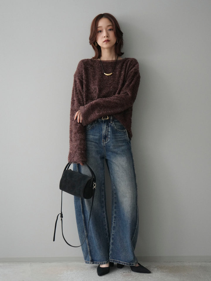 [SET]ラメシャギートップス+サイド切替カーブデニムパンツ(2set)