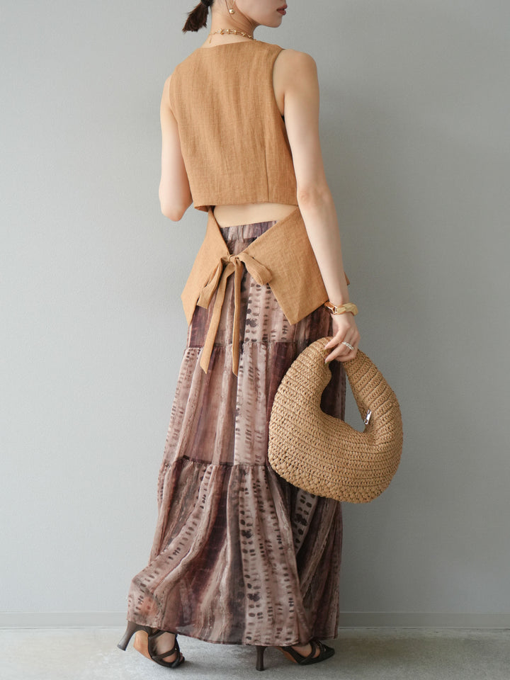 [SET]リネンタッチバックオープンベスト＆ニュアンス柄マキシスカートSET UP(2set)