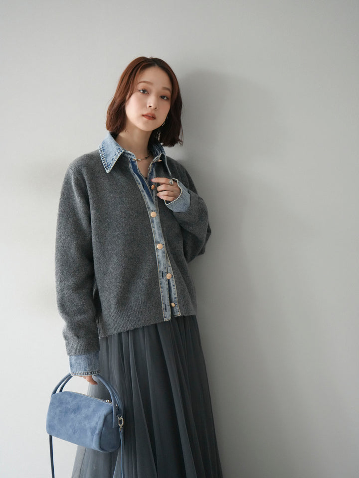 [予約]デニム襟ボタンニットカーディガン/チャコール
