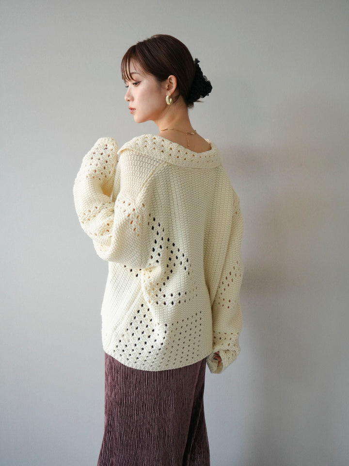 [予約]丸襟透かし編みニットカーディガン/オフ