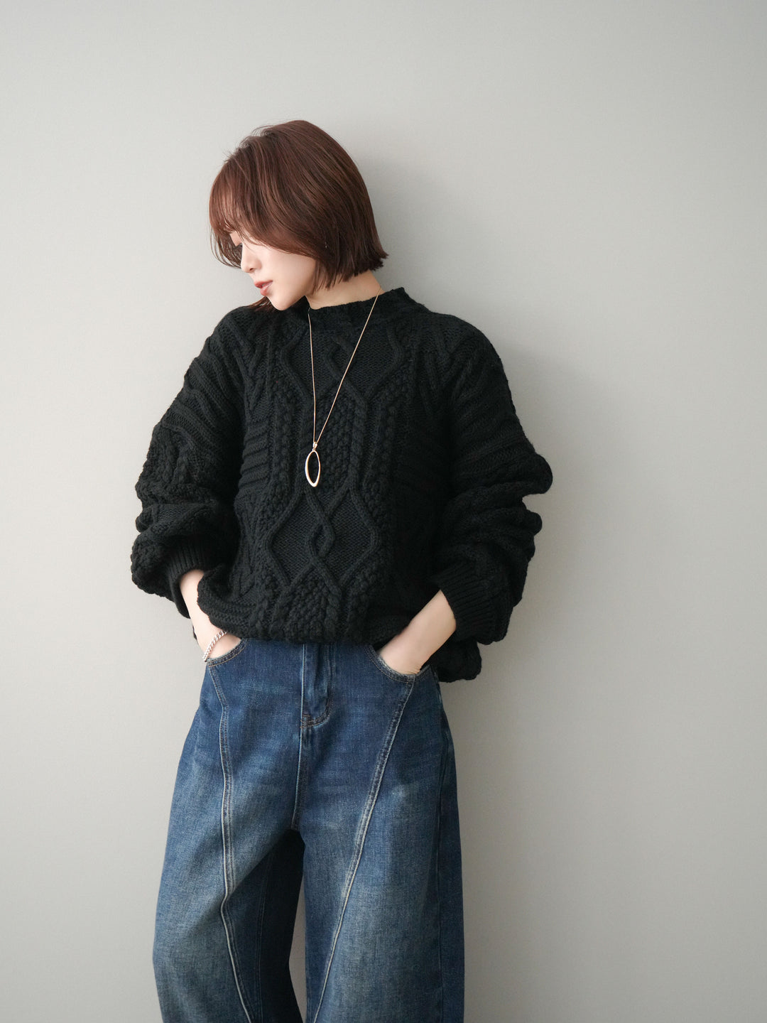 [SET]ケーブル編みモックネックニットプルオーバー+選べるアクセセット(2set)