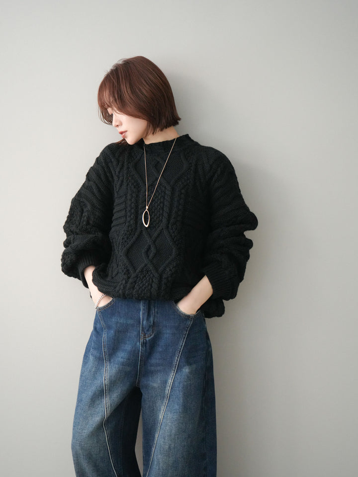 [SET]ケーブル編みモックネックニットプルオーバー+選べるアクセセット(2set)