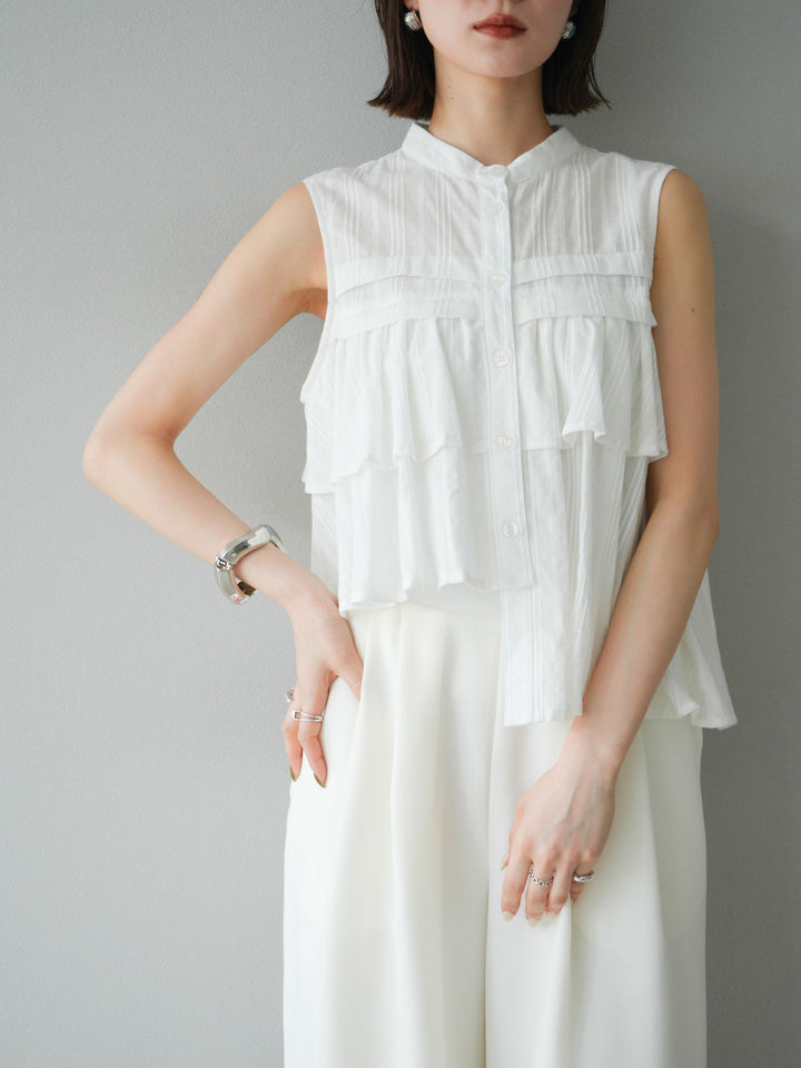 [予約]ドビーストライプアシンメトリーフリルノースリブラウス/ホワイト
