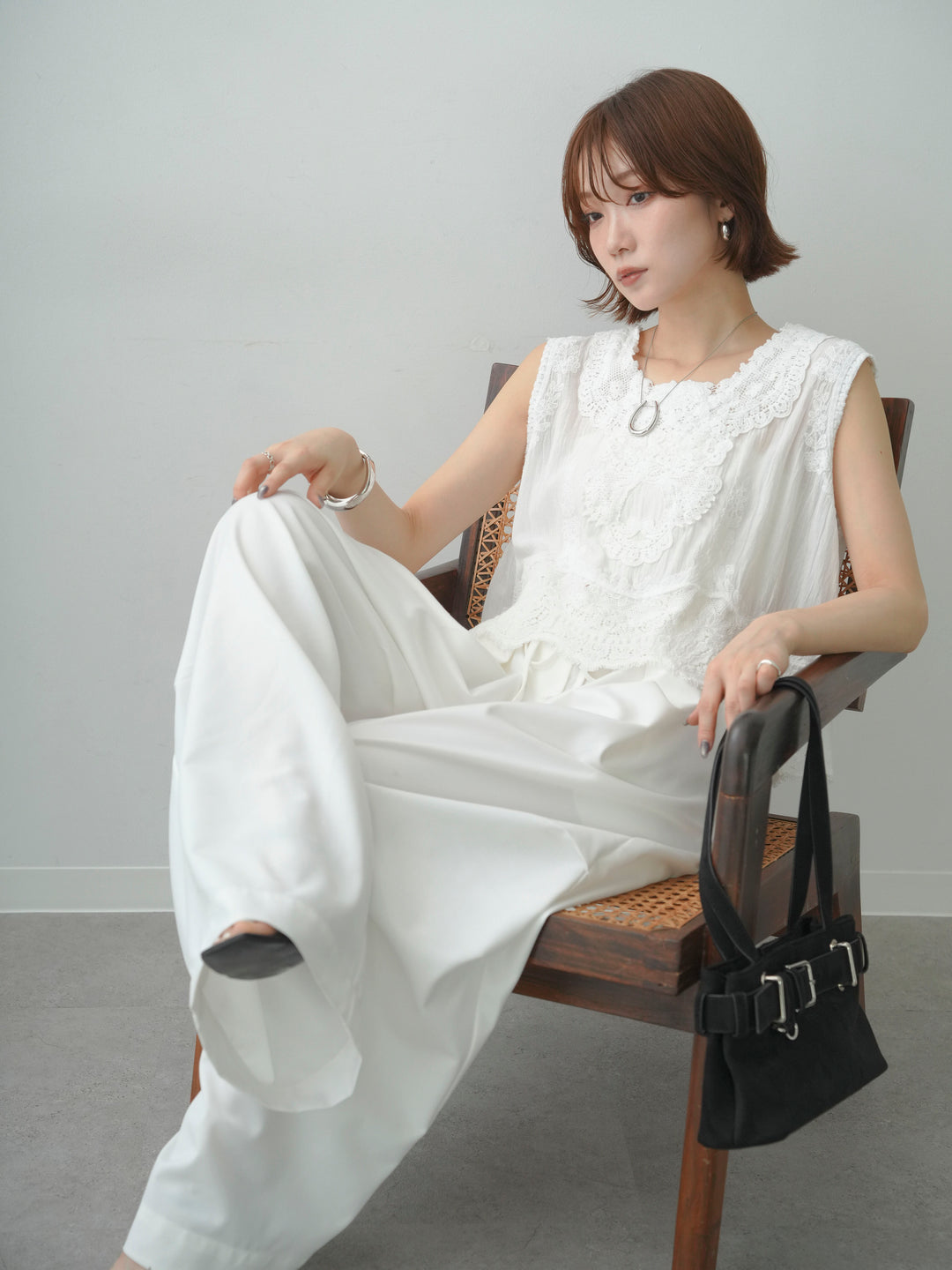 [予約]アンティークレースノースリトップス/white