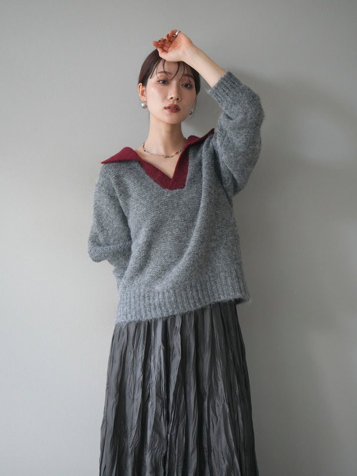 [予約]バイカラー襟付きニットプルオーバー/gray