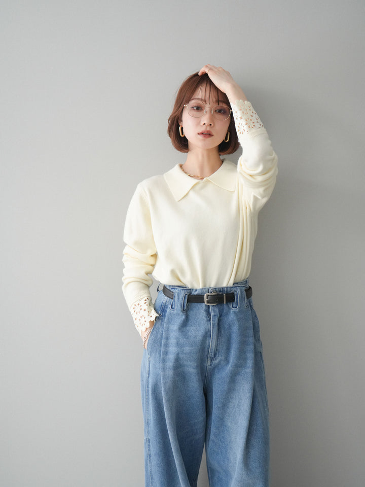 [SET]スカラップレース袖襟付きニットトップス+選べるアクセセット(2set)