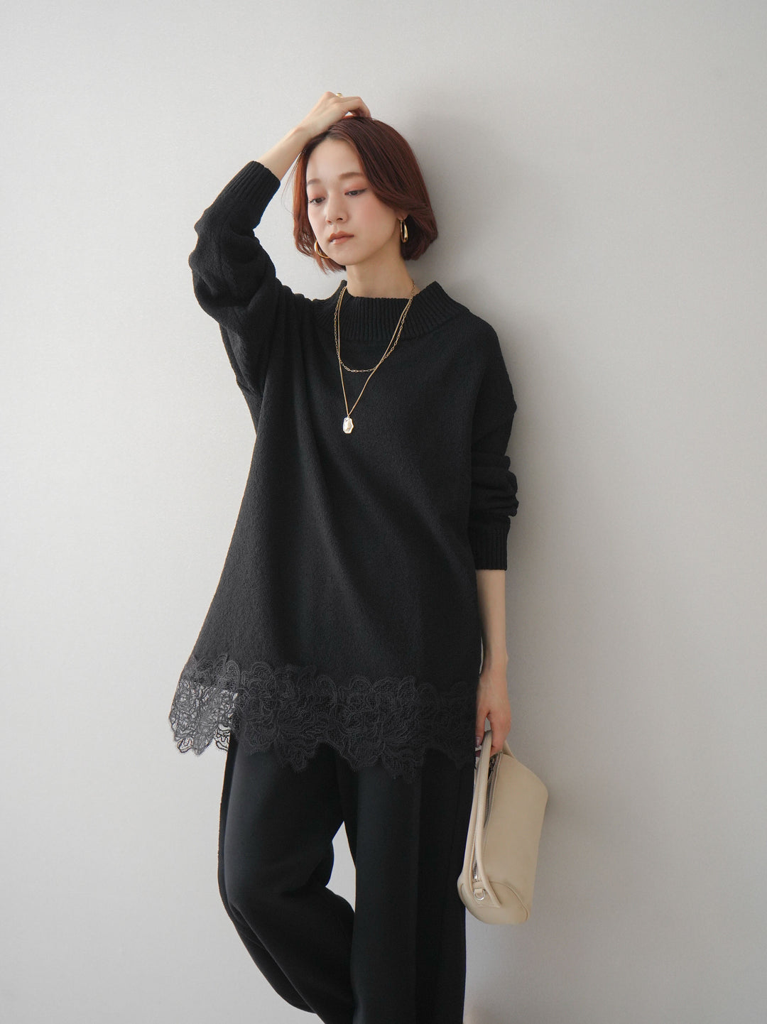 [SET]アシンメトリーレースヘムニットプルオーバー+2WAYデザインスウェットパンツ(2set)