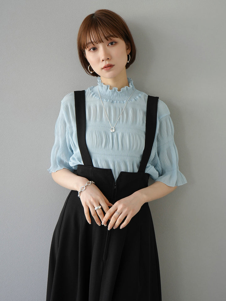 [SET] Shirring chiffon half sleeve blouse + 2WAY flare jumper skirt (2set)