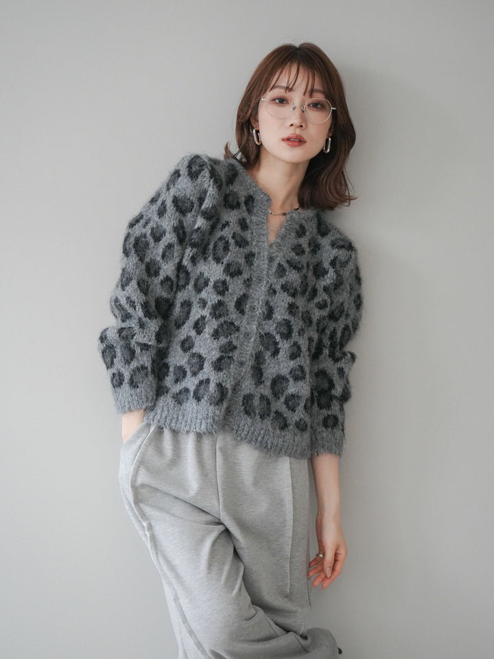 [SET]モヘアタッチレオパード柄ニットカーディガン+選べるアクセセット(2set)