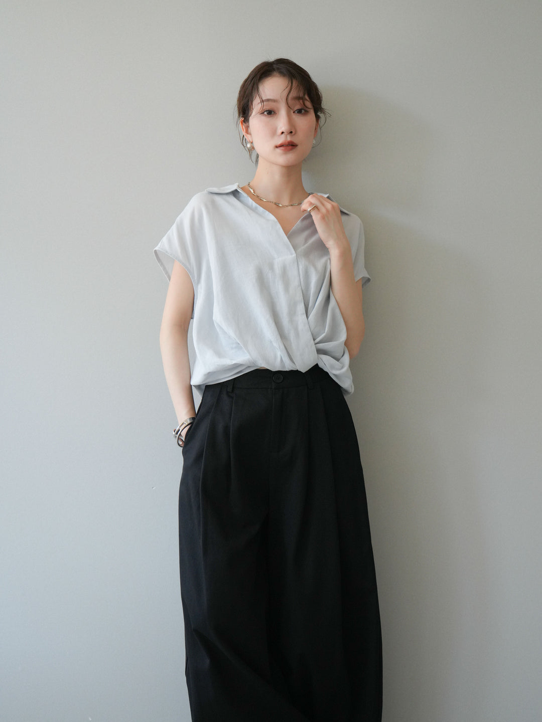 [SET]フレンチツイストドレープシャツ+サイドベルトバルーンワイドパンツ(2set)