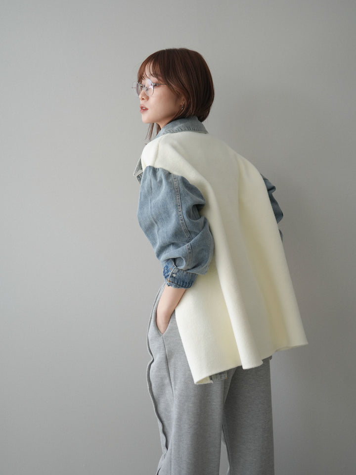 [予約]デニム襟ダブルフェイスニットカーディガン/white