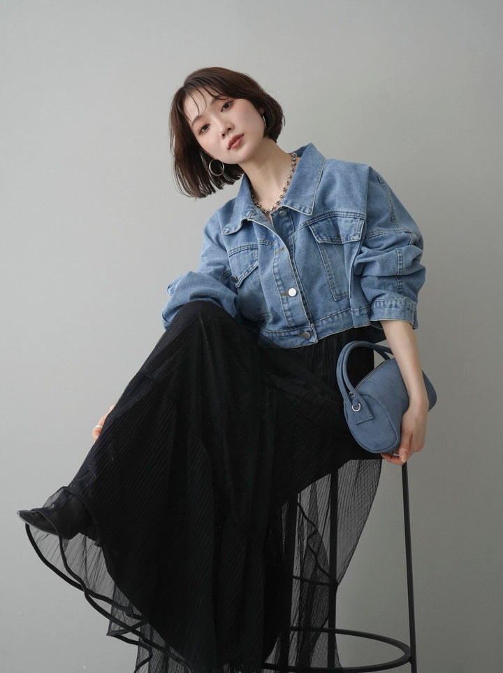 [SET]デニムショートシャツジャケット+ラメプリーツレイヤードチュールロングスカート(2set)