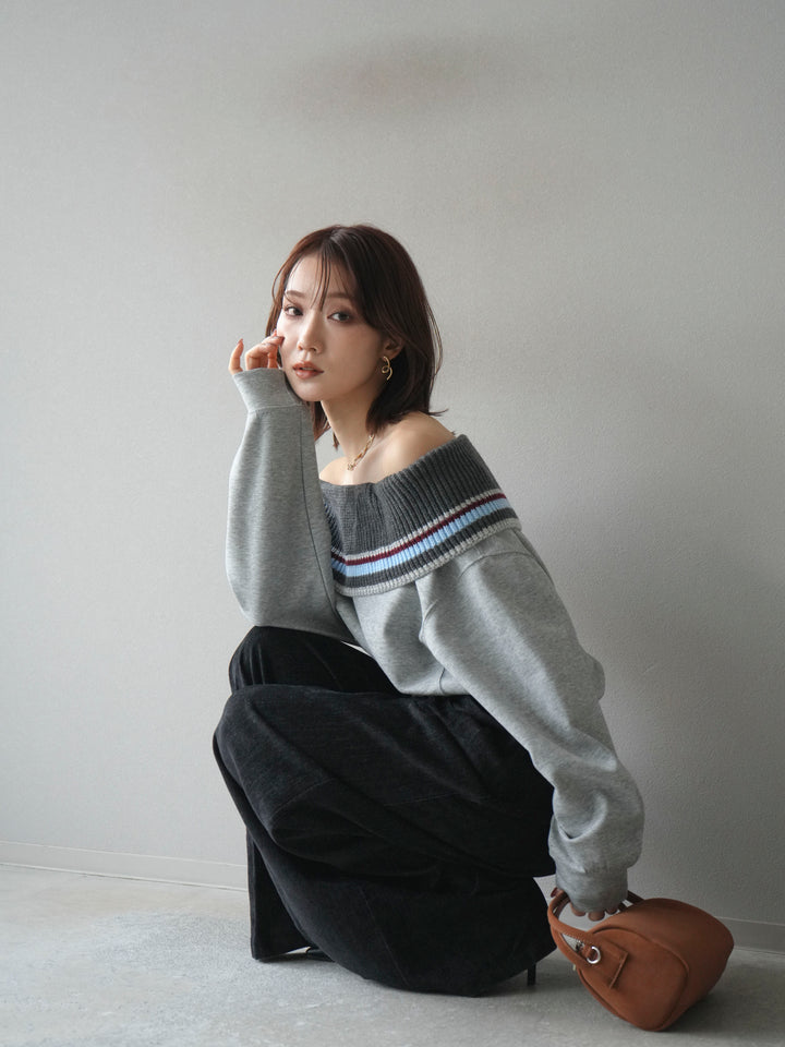 [予約]ボーダーニットオフショルダーxスウェットプルオーバー/gray